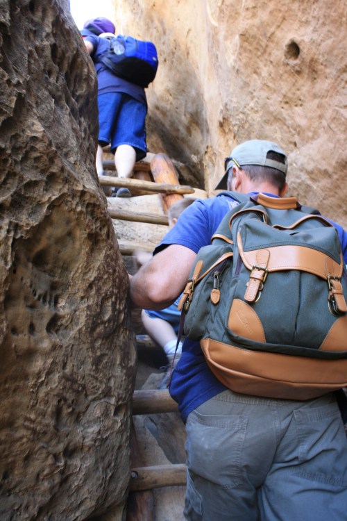 Charles spots Caleb on one of the ladders at Cliff Palace