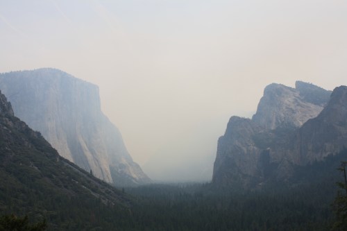 Yosemite Valley in the smoke.  Normally, Half Dome is visible on the right.